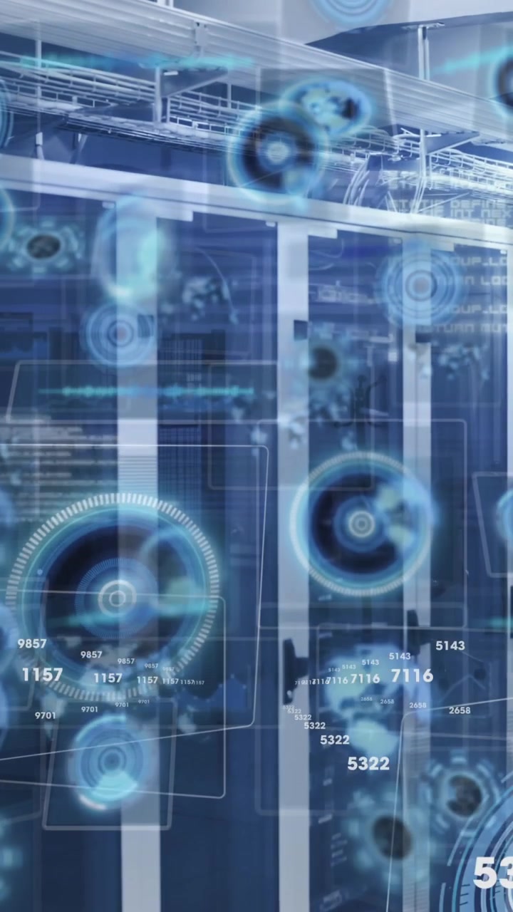 Animation of changing numbers, round scanners and data processing against server room
