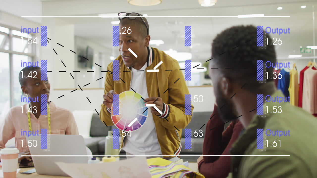 Diverse team discussing color palette with data processing animation overlay