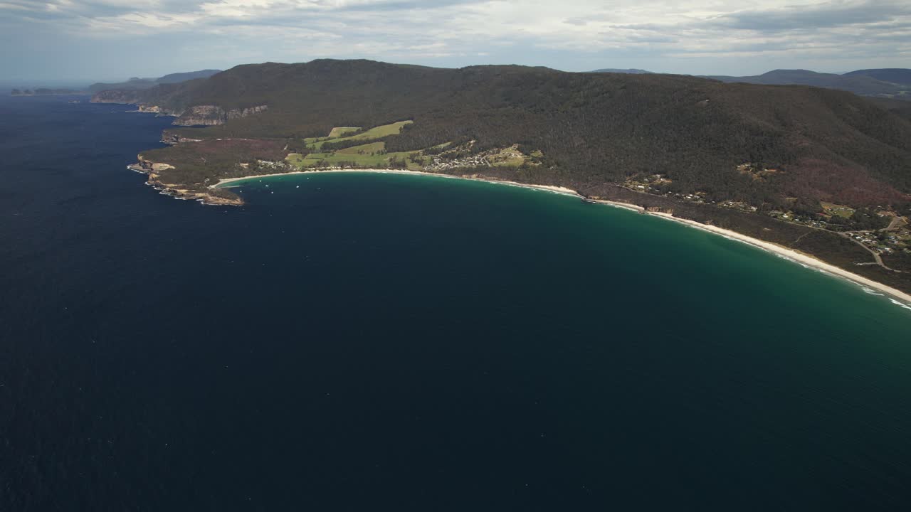 Panoramic View Of Pirates Bay, Egg Beach And Descent Beach In Tasmania, Australia - Drone Shot