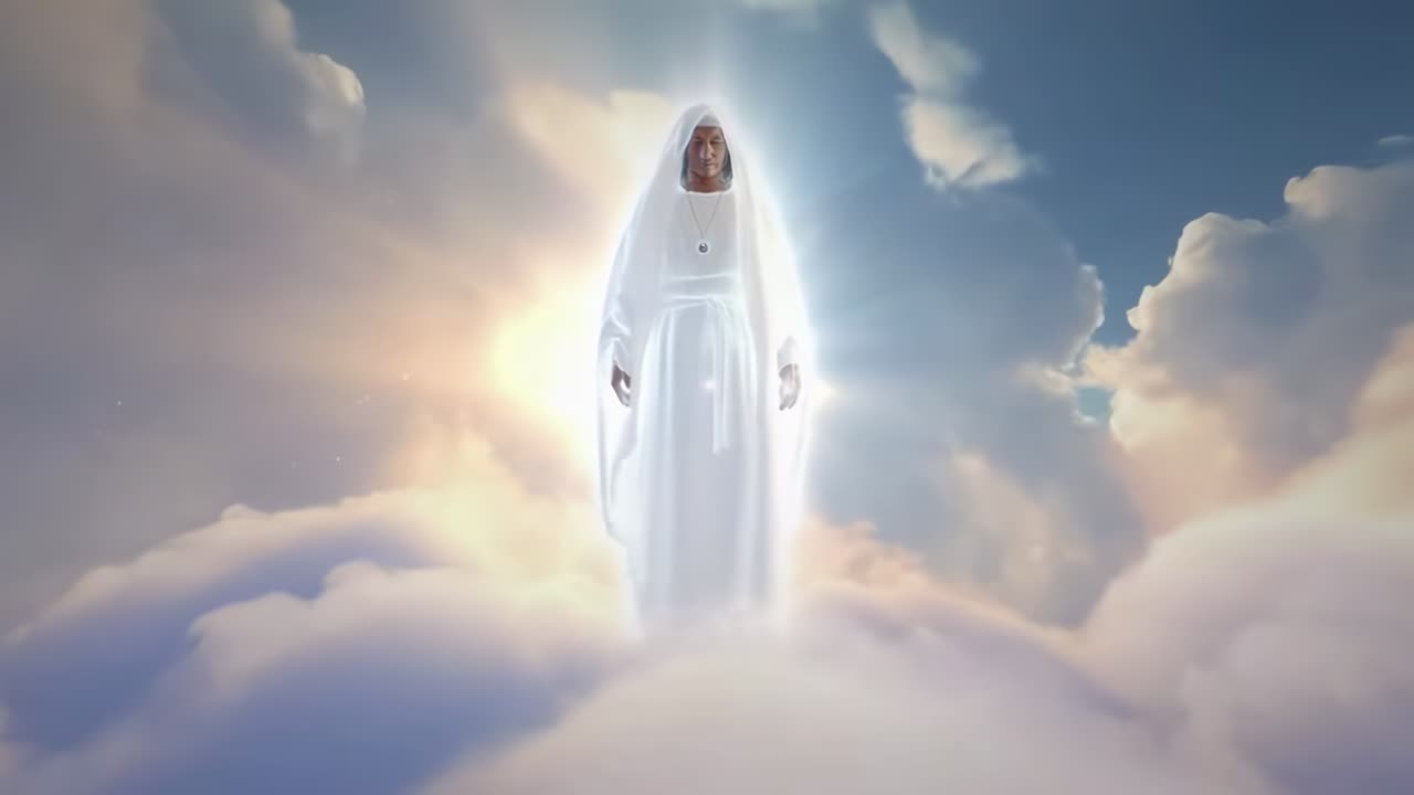 Una figura celestiale in vesti bianche sta su nuvole, ripresa da un'angolazione bassa in un video sereno.