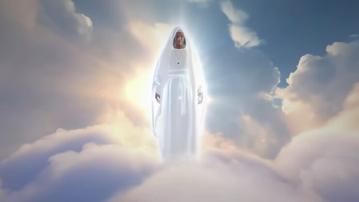 A heavenly figure in white robes stands on clouds, captured from a low angle in a serene video
