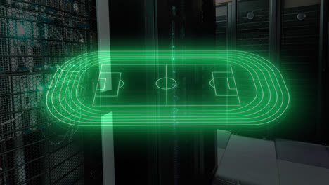 animation of illuminated basketball court drawing over server room in background