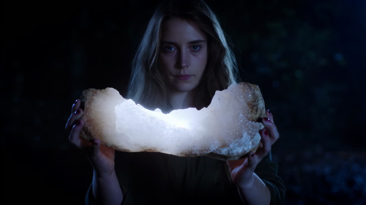 Woman holding a glowing crystal geode in the dark