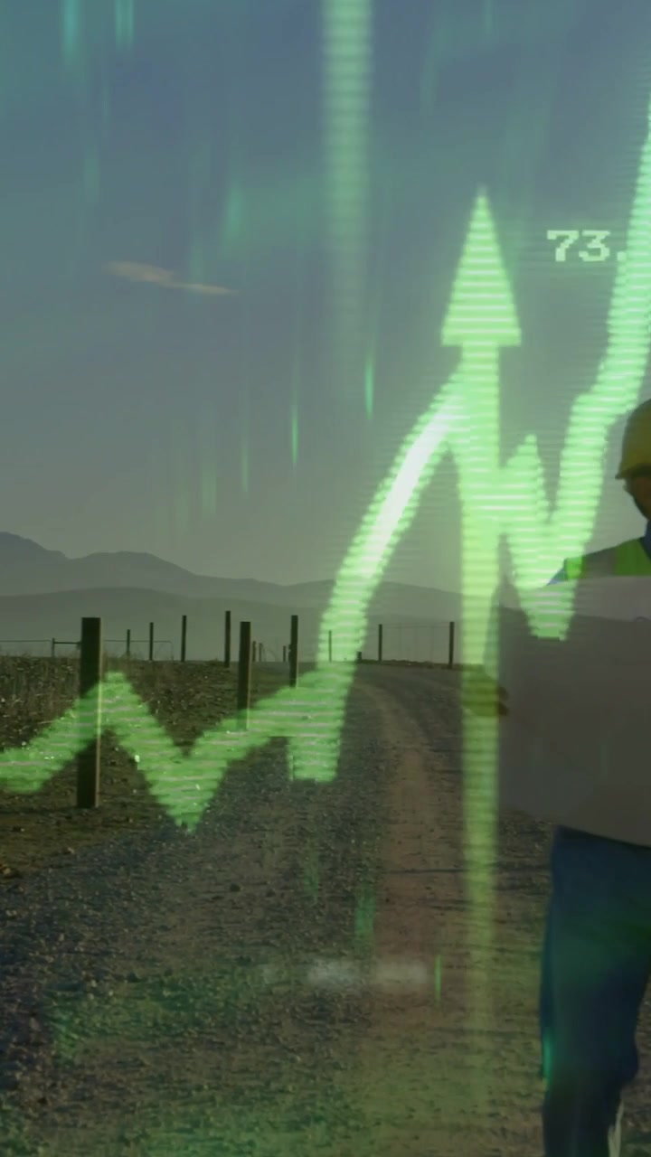 Video verticale: Operaio edile che ispeziona i progetti con un grafico al neon in crescita sovrapposto.
