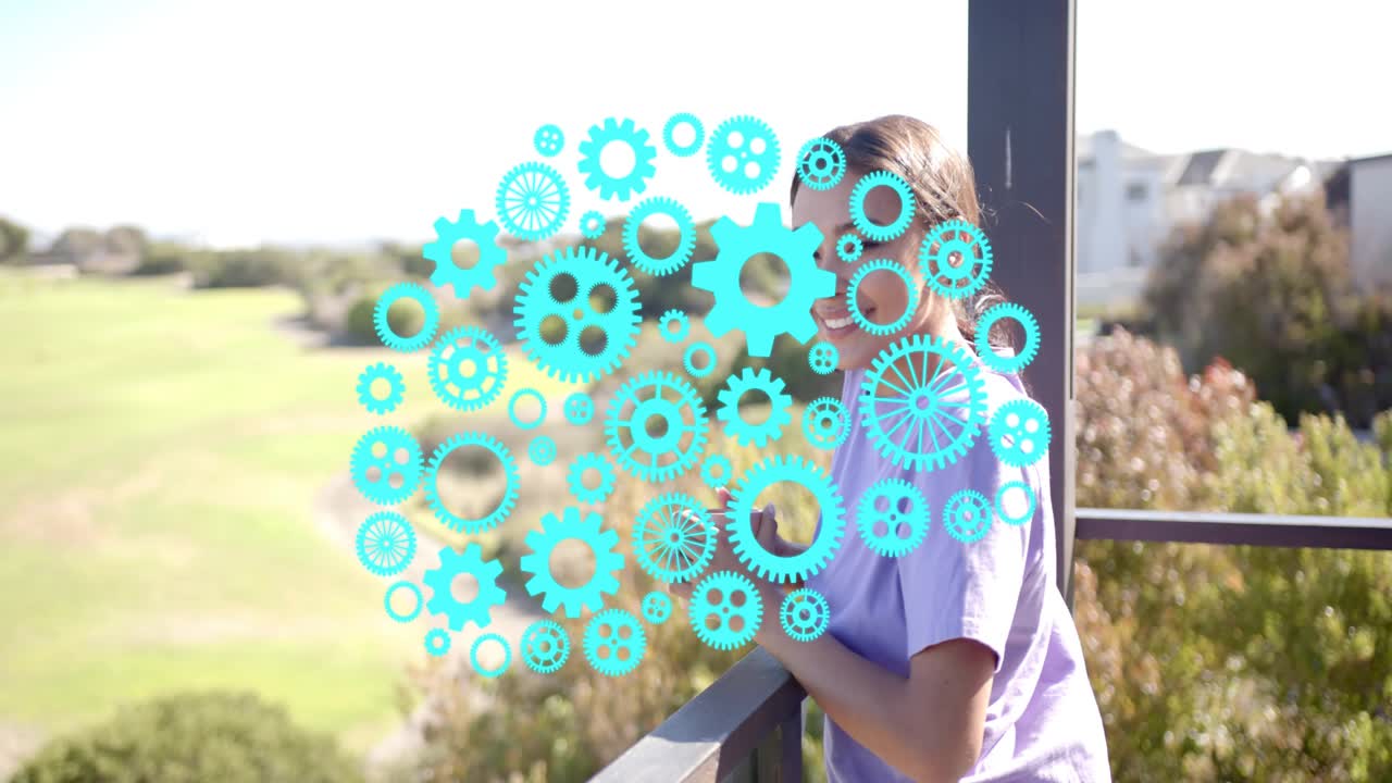 Woman on balcony holding cup, overlay appearing and pulsing, revealing smile for marketing