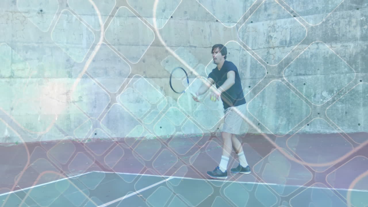 Man serving tennis ball on painted sports court, highlighting sports technology geometric overlay