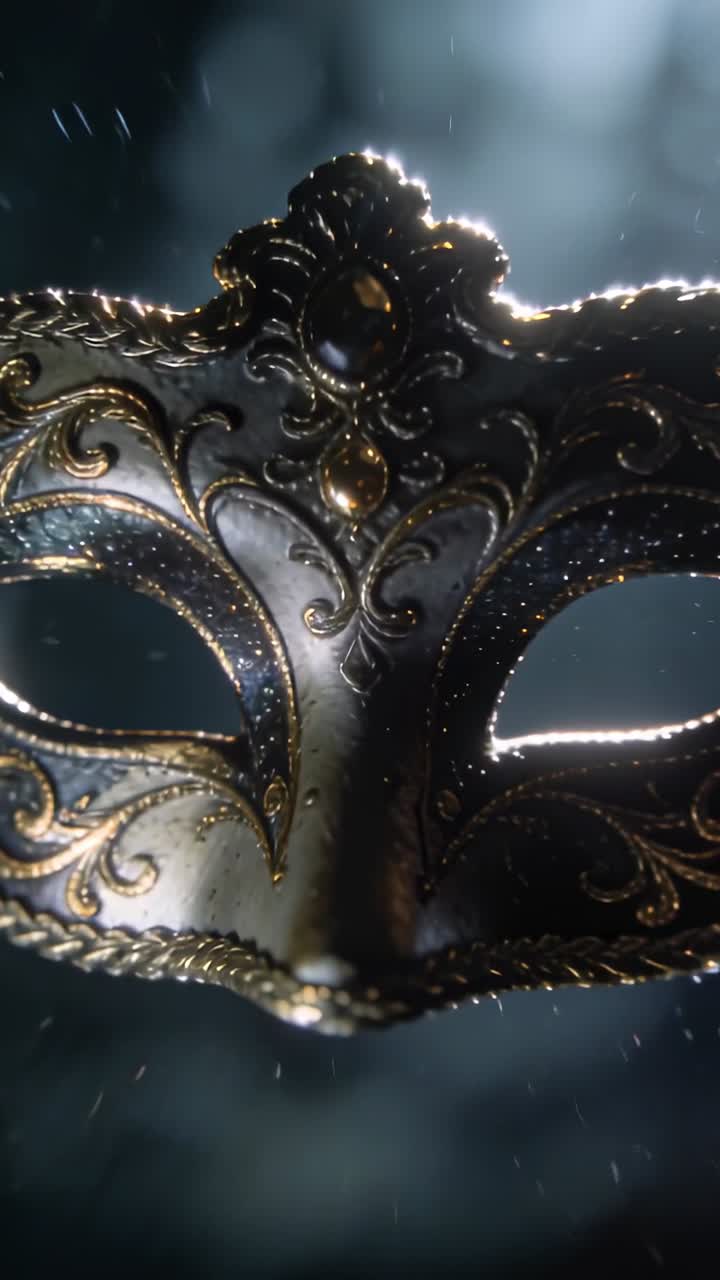 Video verticale: Luce di contorno che sfiora l'obiettivo in chiusura per evidenziare una gemma, maschera che brilla di polvere in studio.