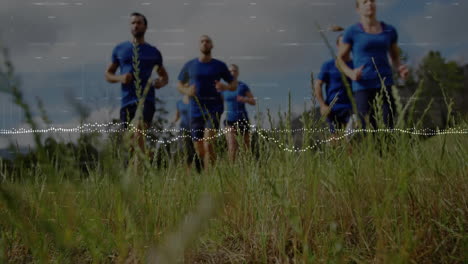 animación del procesamiento de datos sobre un grupo de hombres y mujeres corriendo