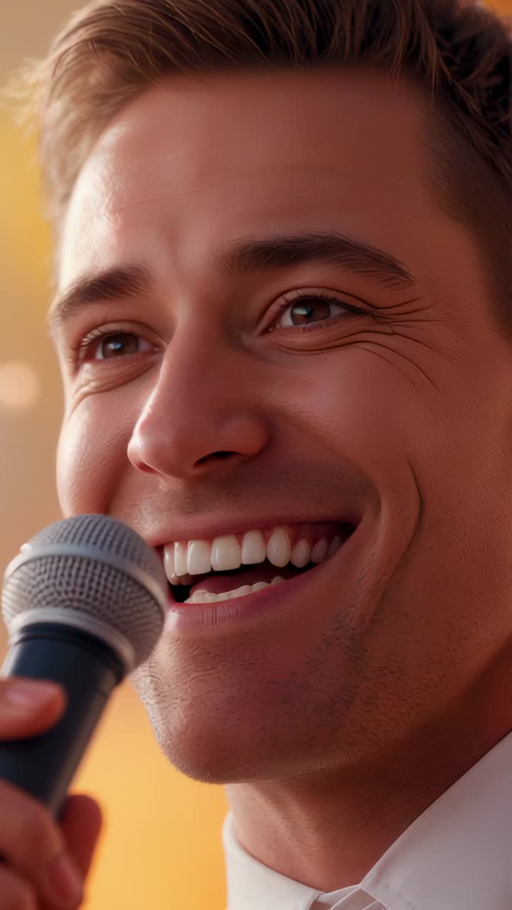 Vertical video: Smiling man holding microphone, speaking to crowd on stage wearing white shirt