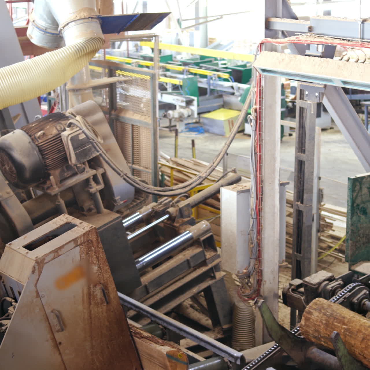 Automated wood cutting machine. Power-saw bench. Industrial woodworking machinery on a sawmill. Sawing timber.