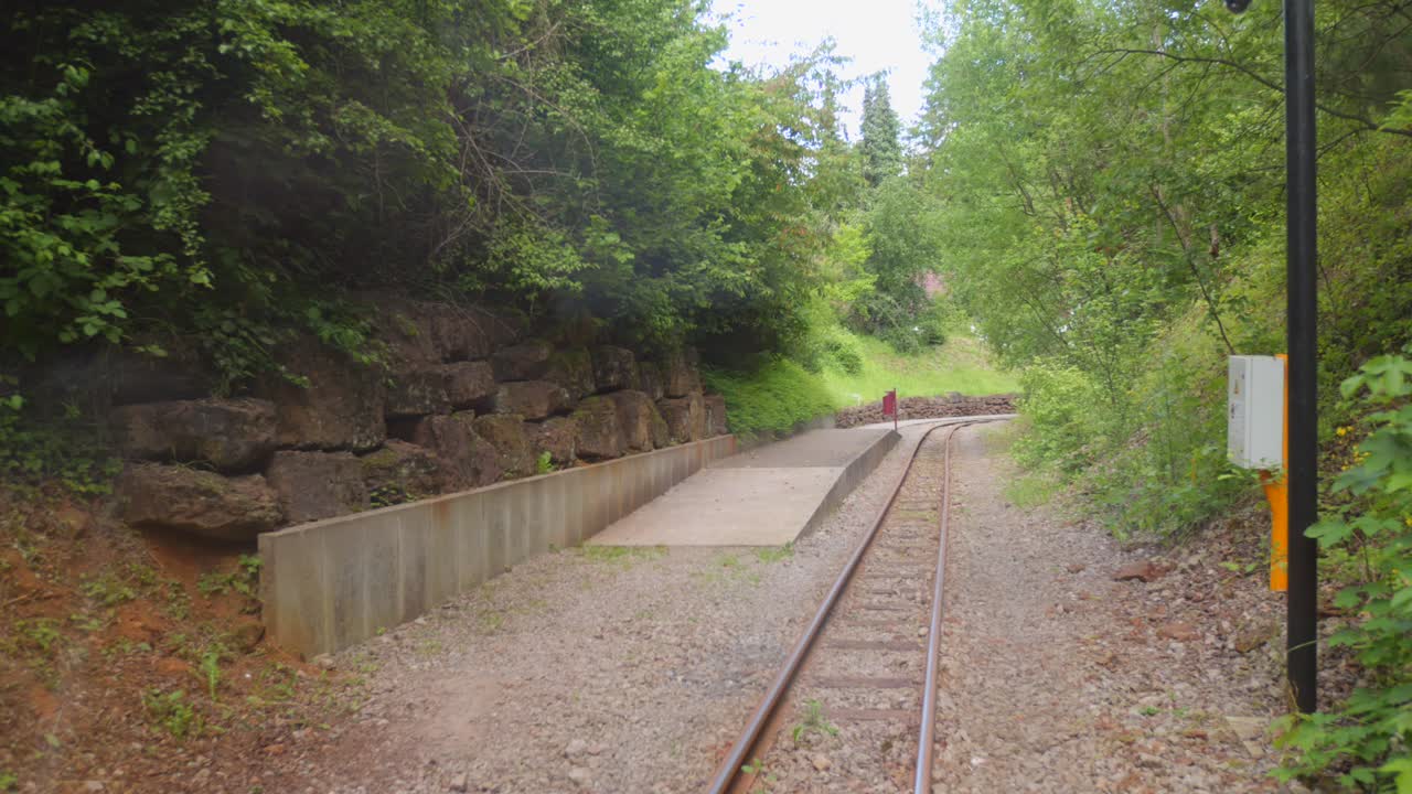 Experience a peaceful train journey through vibrant greenery and rocky terrains. The serene environment offers captivating views as it glides along the tracks.