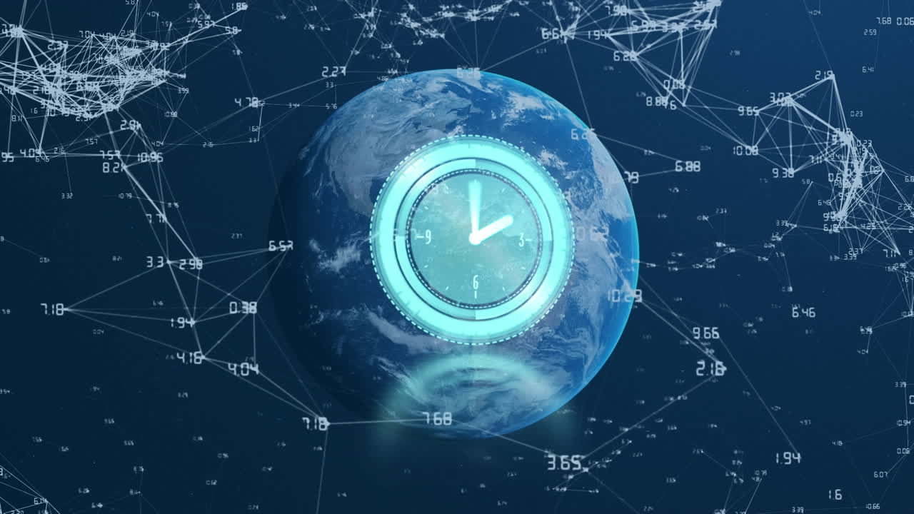 Animation of clock moving over globe, connections and numbers on navy background