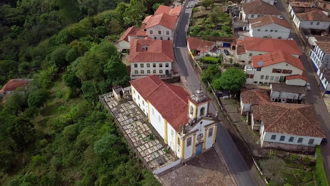 Ouro preto, minas gerais, brazil with colonial architecture and cemetery, aerial view