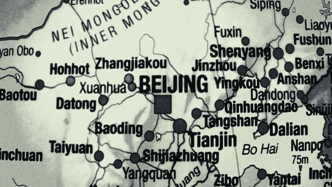 Close-up monochrome map of China focusing on Beijing and surrounding cities