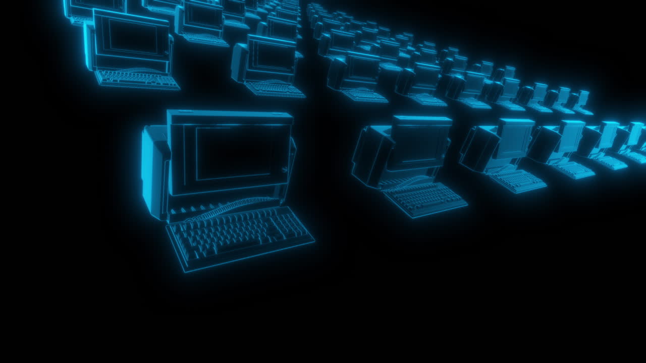 Infinite Symmetrical Rows of Holographic Computers Spawning from Single Point - 3D Animation