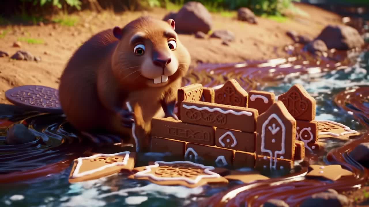 A playful beaver builds a delightful gingerbread structure by the riverside, showcasing creativity and fun amidst nature's elements in a whimsical scene