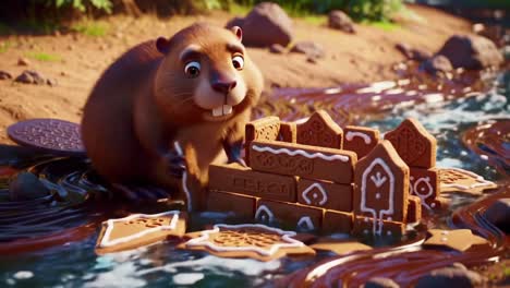 A playful beaver builds a delightful gingerbread structure by the riverside, showcasing creativity and fun amidst nature&#039;s elements in a whimsical scene