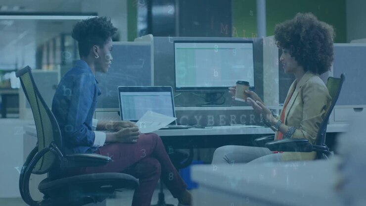 Animation of financial data processing over diverse business people in office