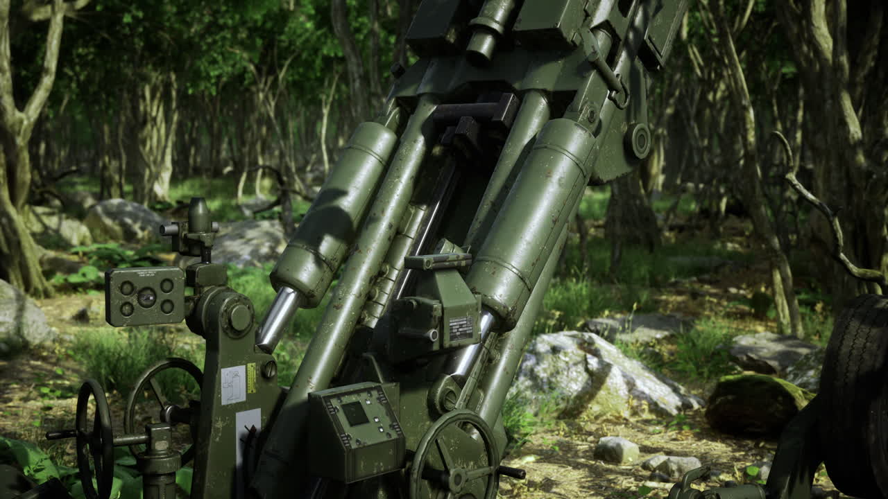 Precision artillery piece concealed in a lush forested environment