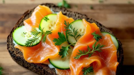 open-faced sandwich features layers of smoked salmon, thinly sliced cucumber, and fresh herbs on a slice of dark bread, showcasing vibrant colors and textures in a rustic setting