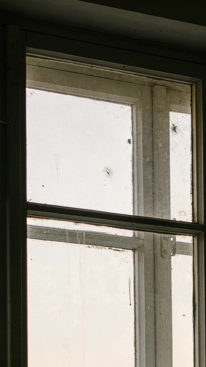 Vertical video: Recording camera filming double-hung sash window in room showing right latch specks