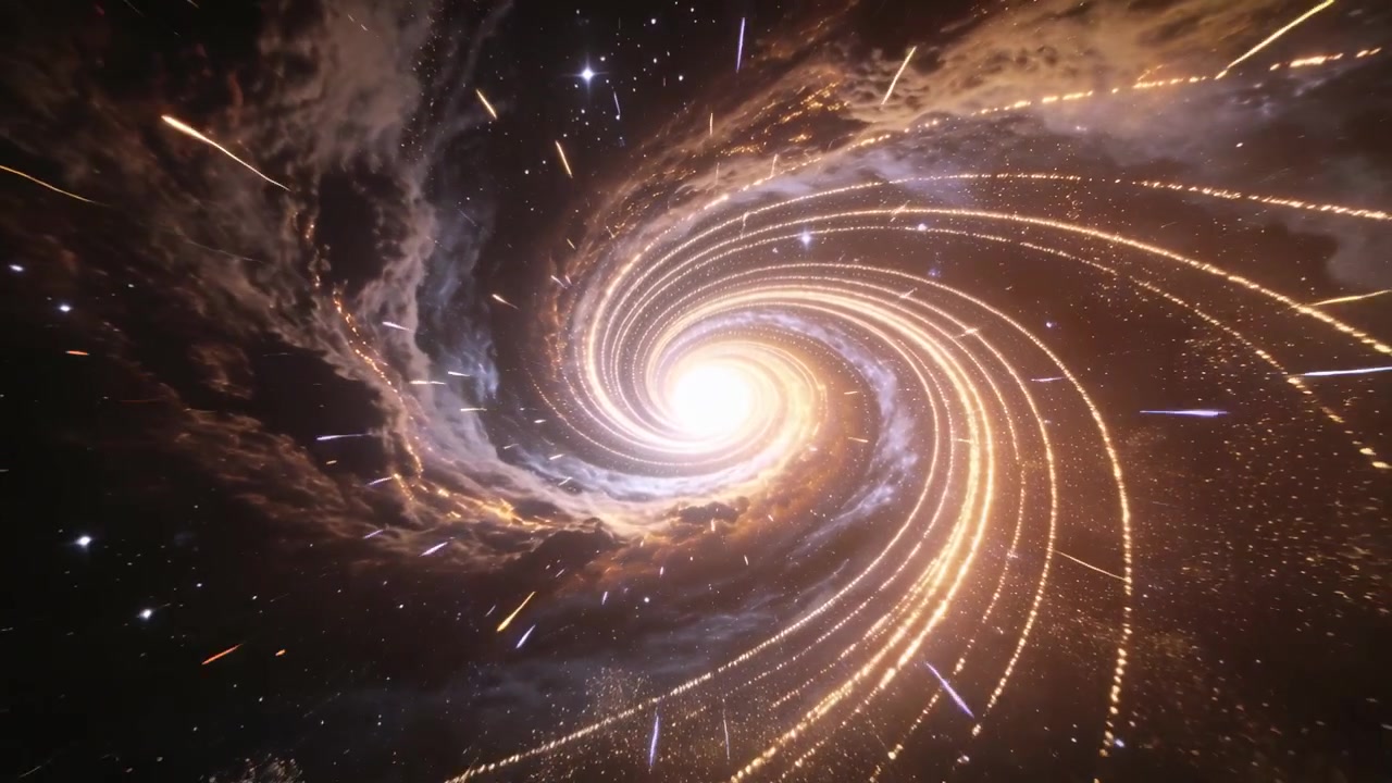 Swirling spiral arms vortex pulling particles inward in space, camera advancing toward bright core