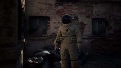 lost astronaut near abandoned industrial buildings of old factory