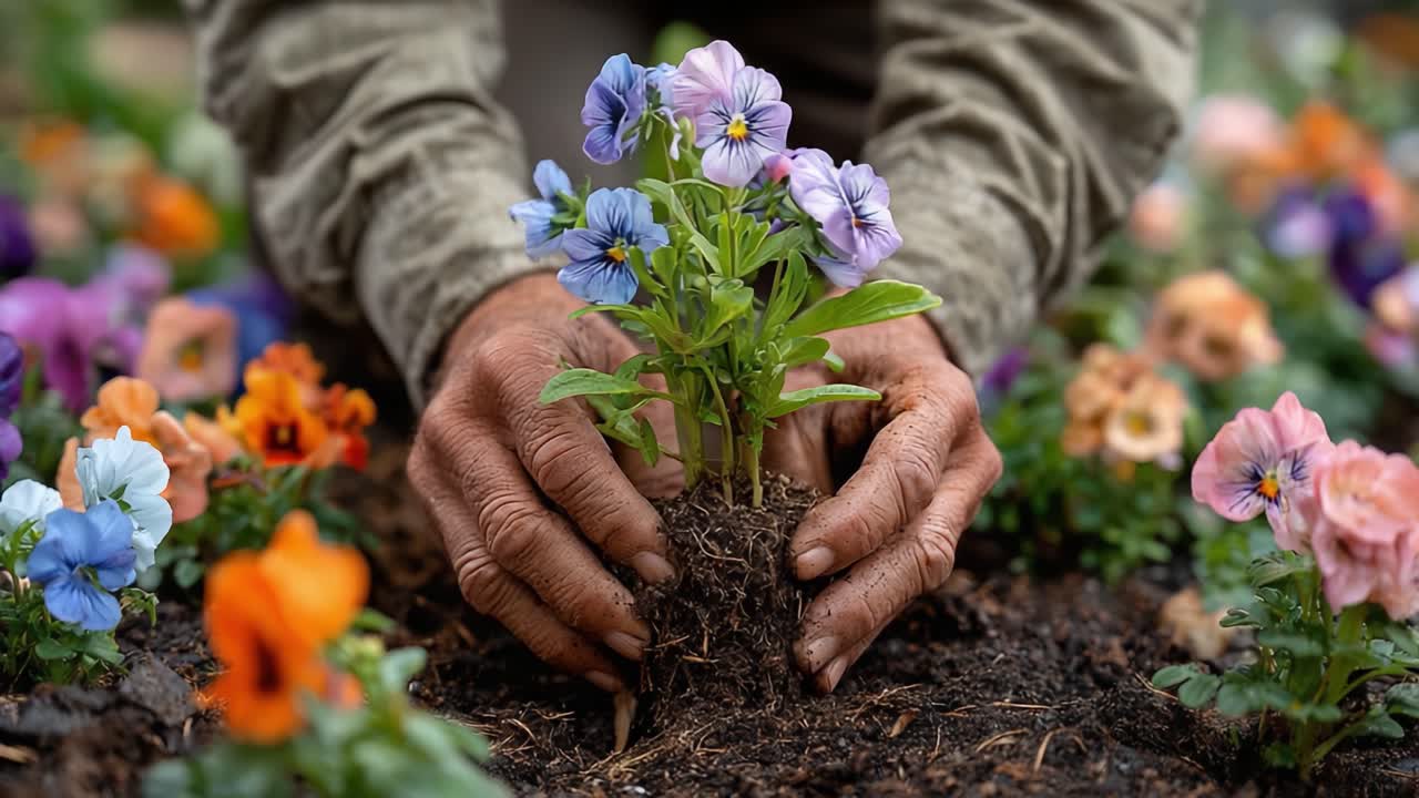 A Dedicated Gardener Carefully Plants Colorful Pansy Flowers in Rich Soil, Nurturing Nature's Beauty and Enhancing the Vibrancy of the Flower Bed