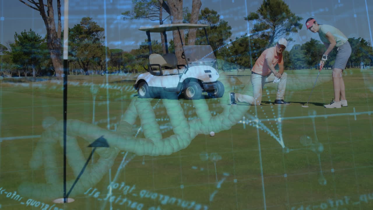 Couple playing golf on putting green, with animated technology icons showing swing analytics