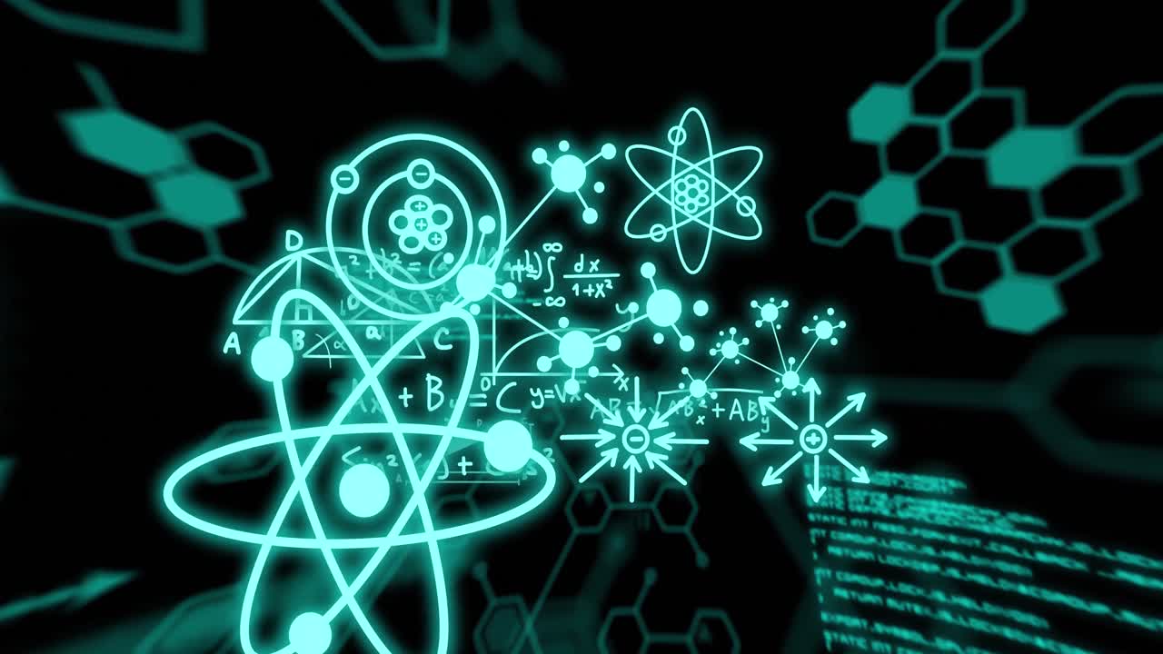 Animation of molecules and scientific data processing over black background