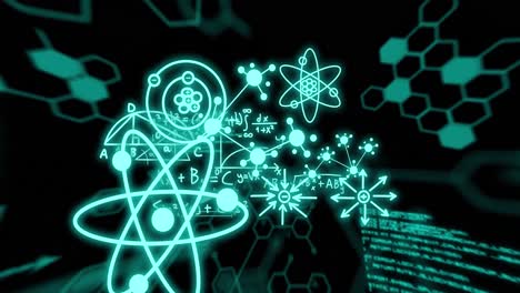 Animation-of-molecules-and-scientific-data-processing-over-black-background
