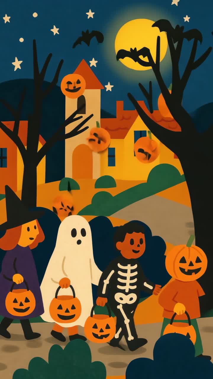 Aerial view of a whimsical Halloween village scene with children in costumes