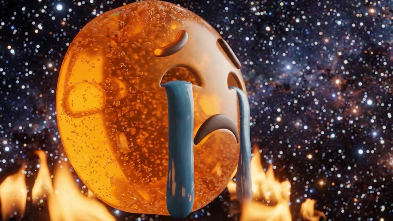 Een melancholische oranje emoji met tranen op een kosmische achtergrond, omringd door vlammen, die verdriet weerspiegelt in een uitgestrekt universum van sterren en vuur.