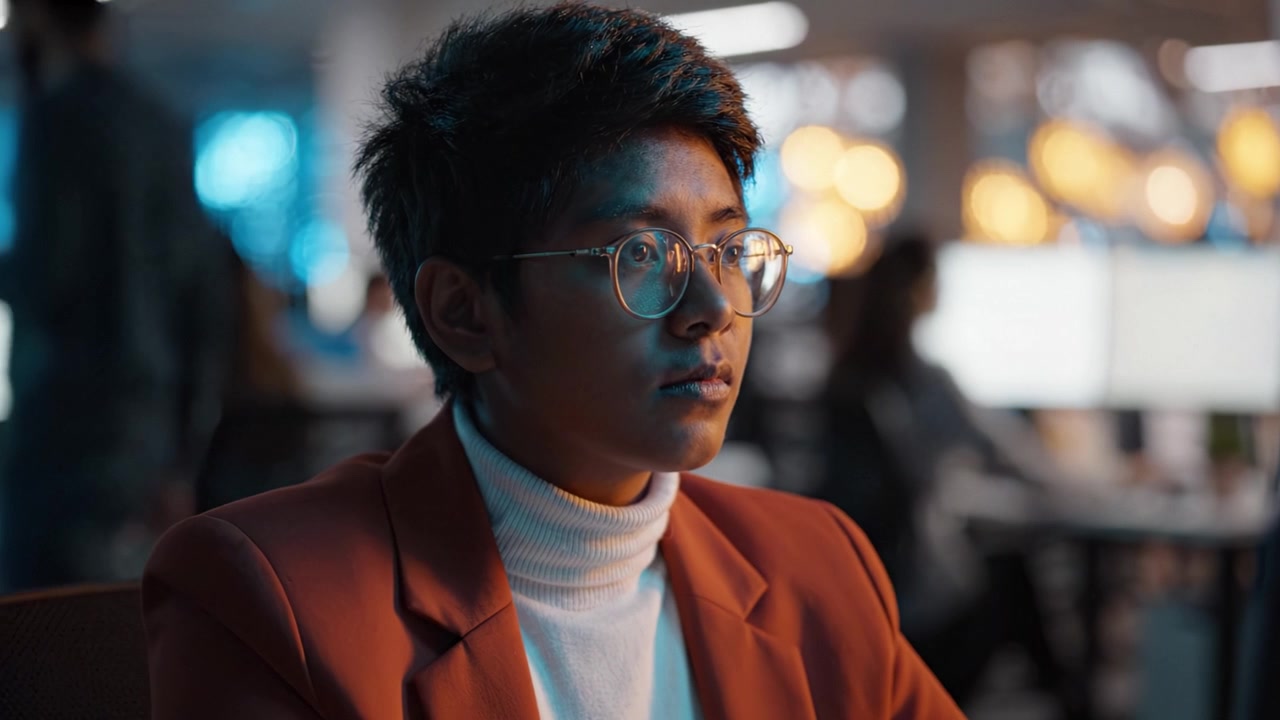 Contemplative Moment: A Focused Individual in an Office Setting Engaging in Thoughtful Reflection Amidst a Dynamic Work Environment with Tech Elements