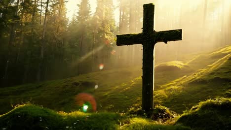 cross in a misty forest