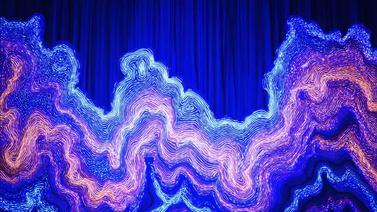 Waving and swirling ethereal light trails creating a dynamic and mesmerizing visual effect against a dark blue background, with vibrant purple, pink, and cyan colors in a seamless loop