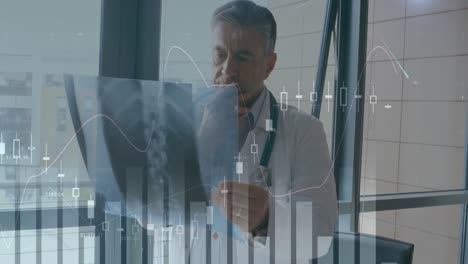 Animation-of-multiple-graphs-with-changing-numbers-over-caucasian-doctor-examining-x-ray-of-patient