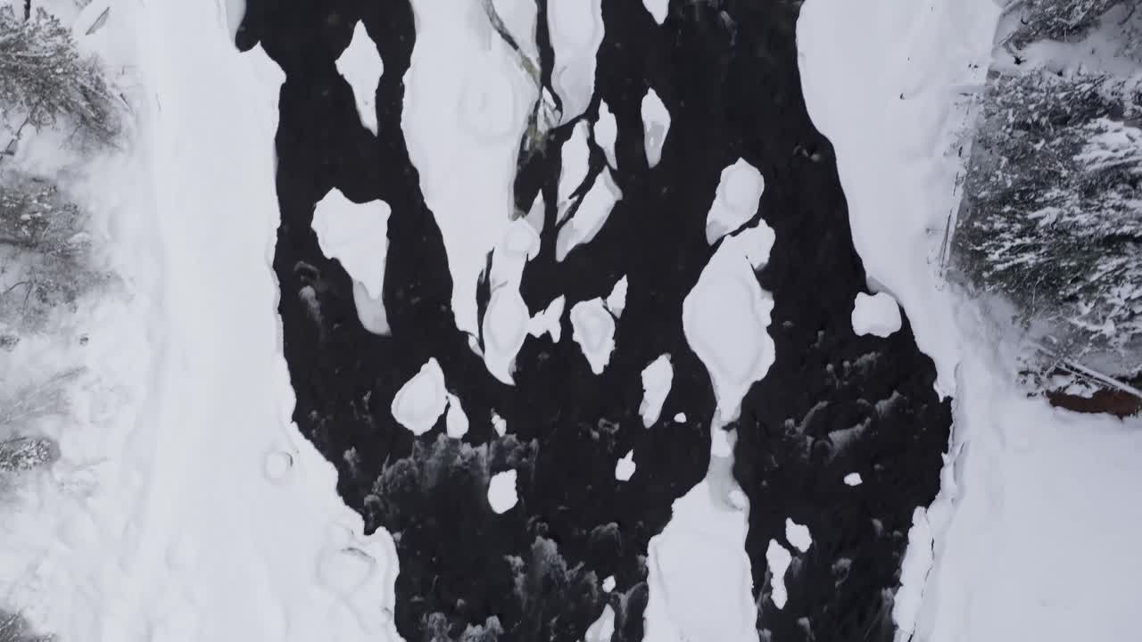 Stream flowing on snowy area during winter 4k