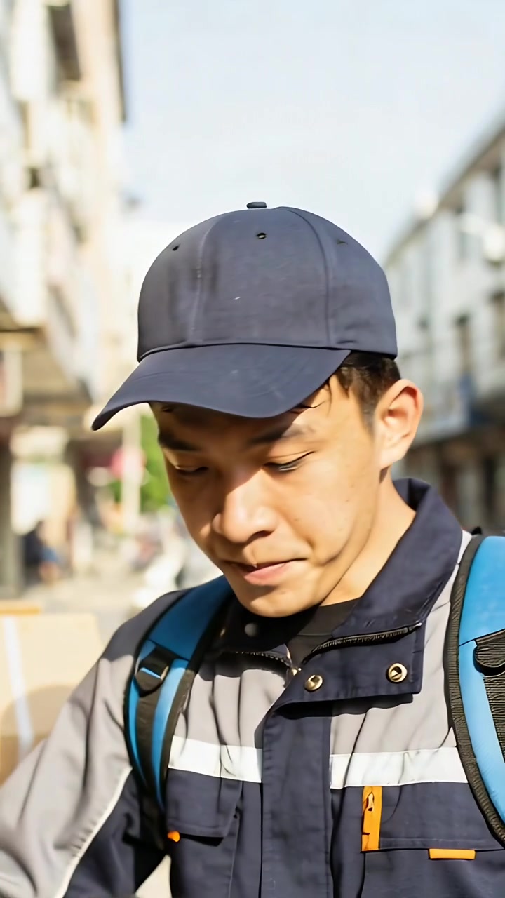 Vertical video: Drinking water bottle under sun courier in cap and jacket checking phone for boxes