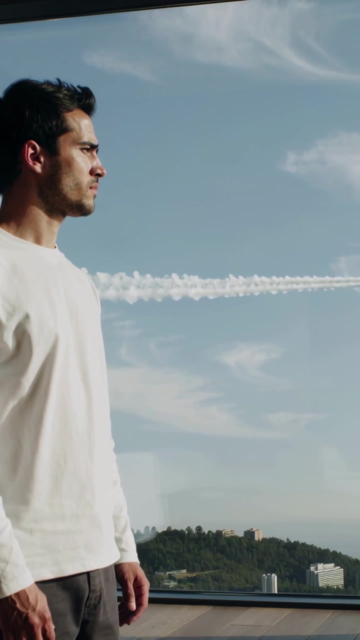 Video vertical: Hombre de pie con camisa blanca y pantalones oscuros mirando por la ventana una estela de condensación, con espacio para texto.