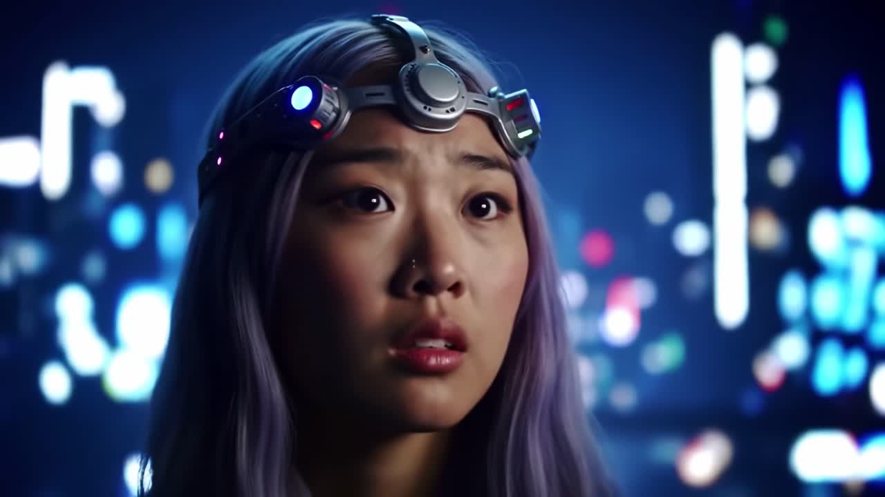 Woman Wearing Futuristic Headset in a City at Night