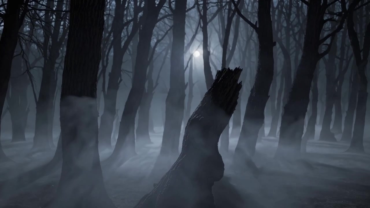 Uhyggelig mørk skog med bevegelig tåke og måneskinn