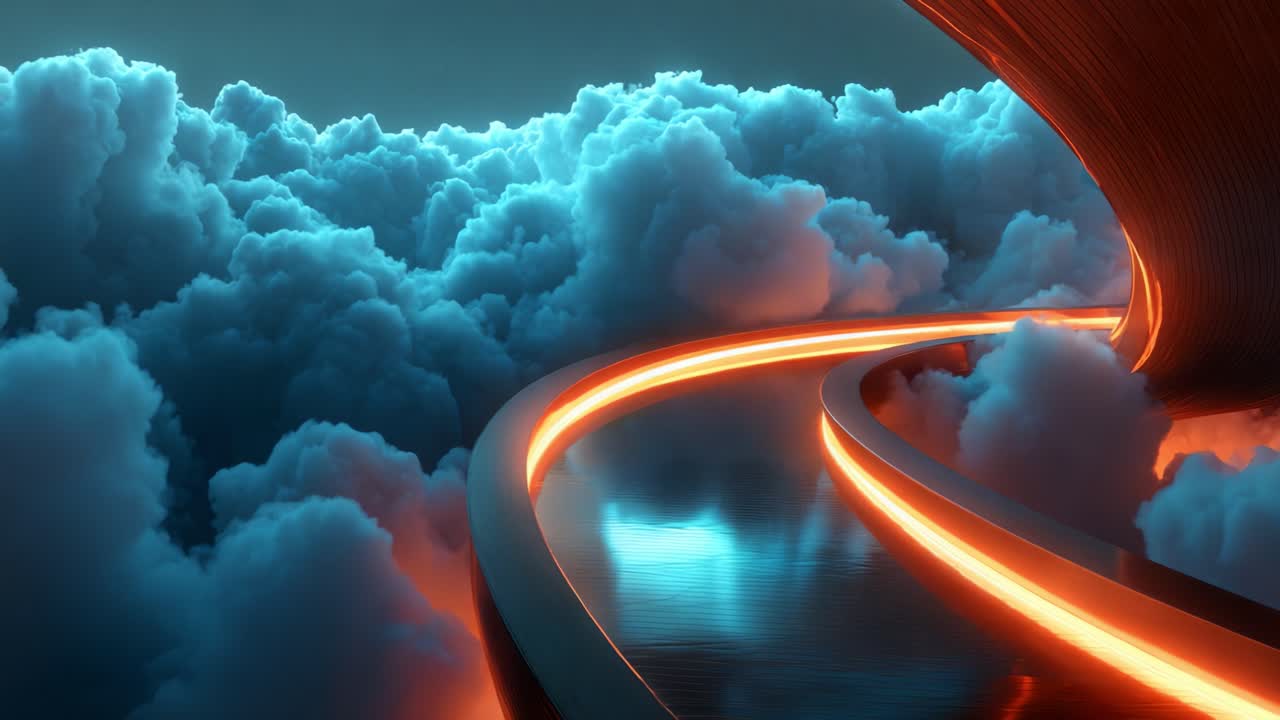 A Surreal Journey Through Ethereal Clouds and Illuminated Pathways: A Visual Exploration of Dreamlike Scenery with Luminous Curved Roads Set Within a Mystical Cloudscape