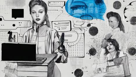 retro illustration of a woman working in an office