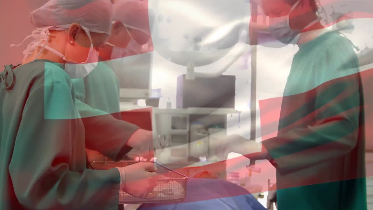 animación de la bandera de suiza ondeando sobre los cirujanos en el quirófano