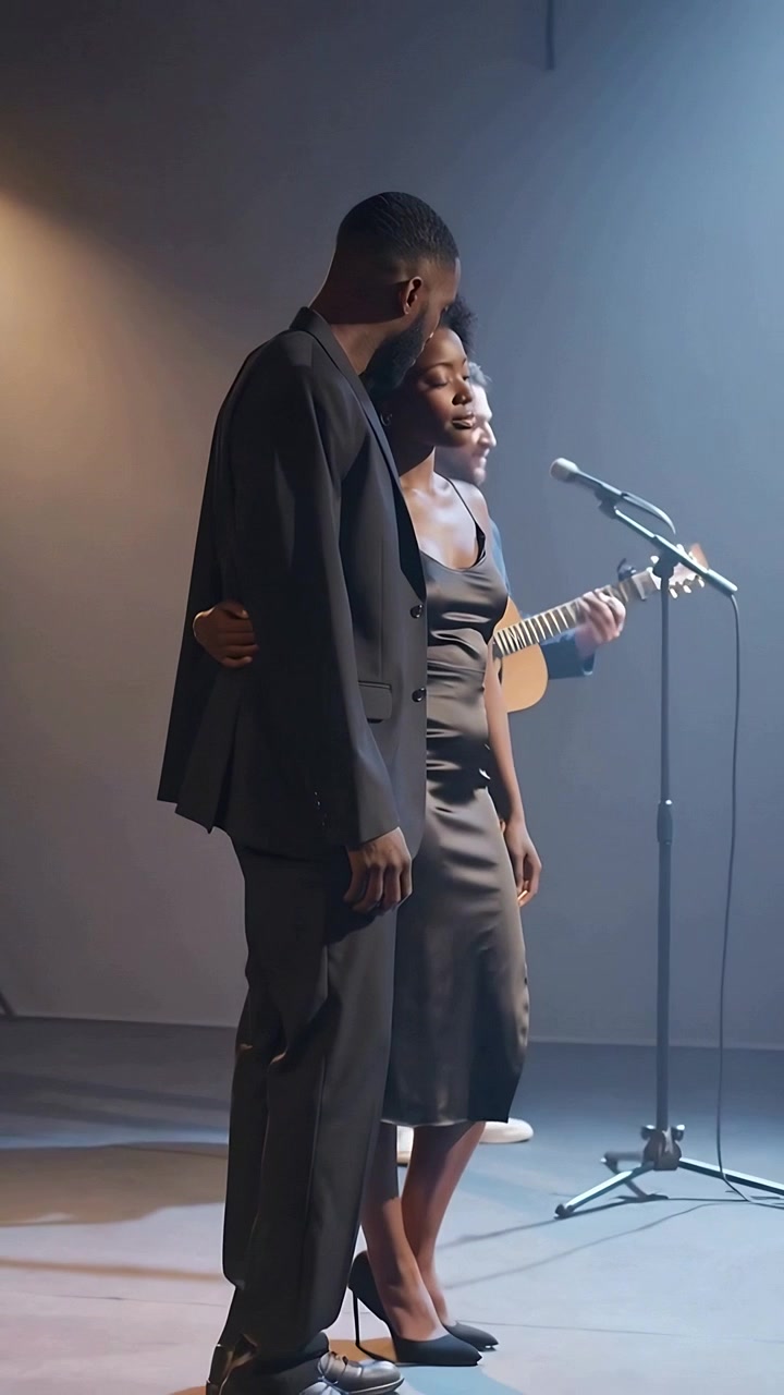 Video verticale: Coppia che canta in abito elegante e vestito sottoveste sul palco dopo l'attacco, con microfono, chitarra e fumo scenico