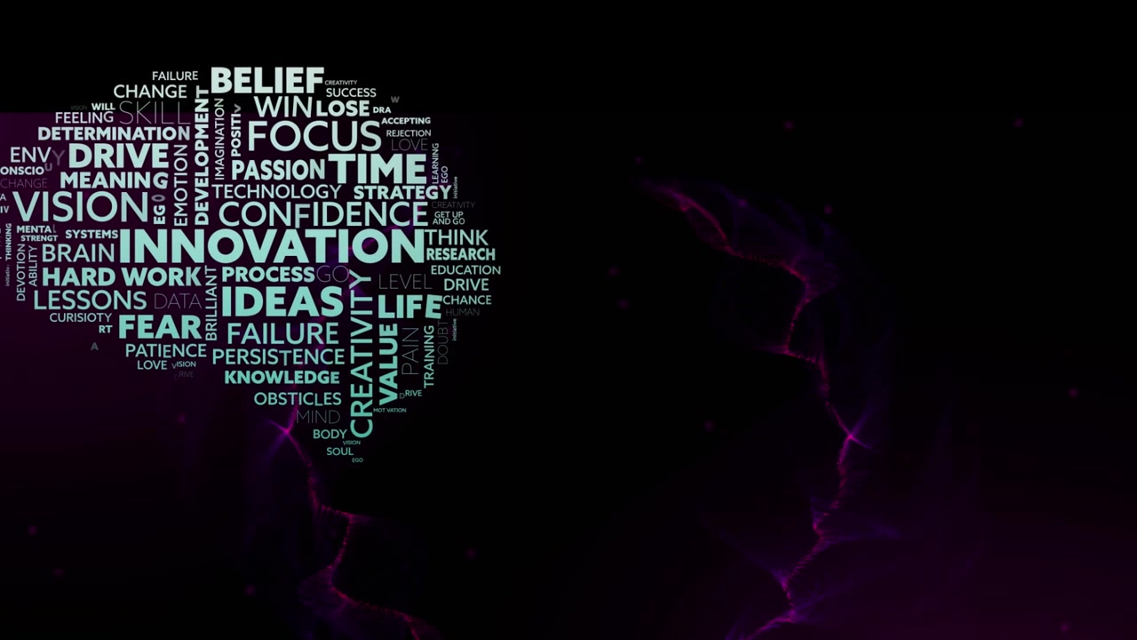 Animazione del testo 'innovazione e idee' con connessioni viola su sfondo nero.