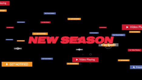 animation of new season text and social media data processing on black background