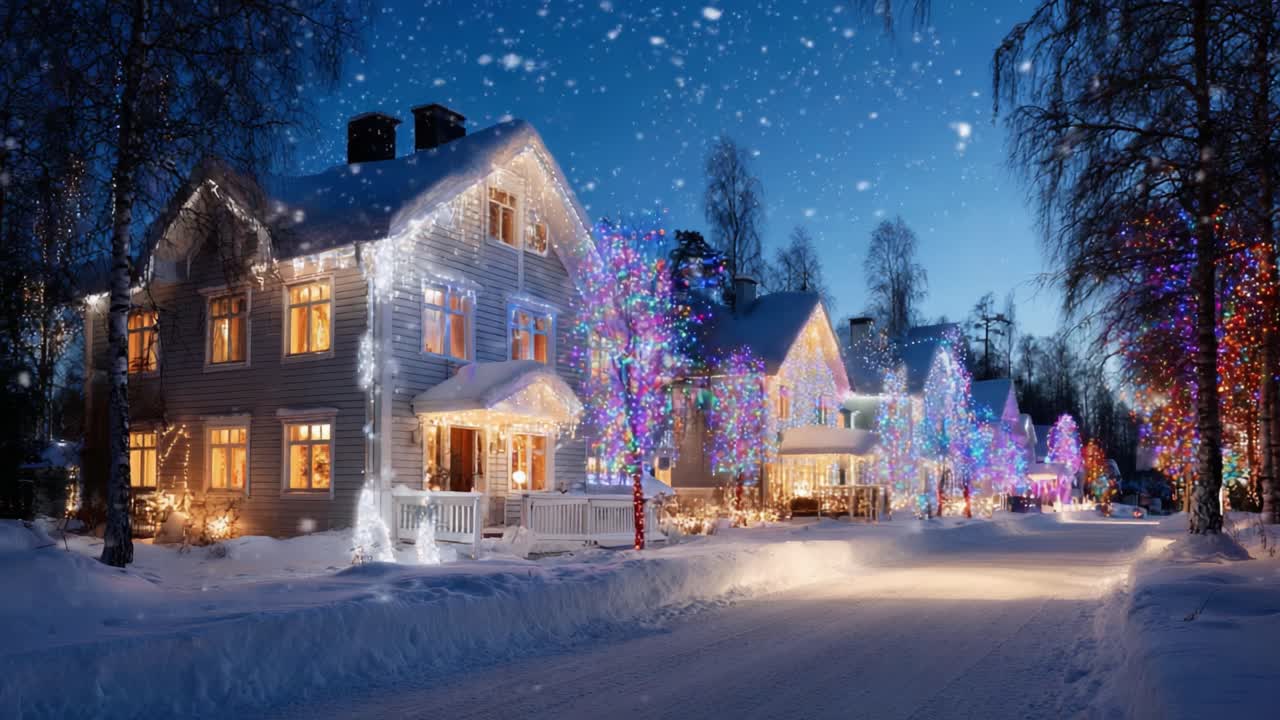 Enchanting Winter Wonderland: Festively Decorated Homes Illuminated with Colorful Lights Amidst Glimmering Snow on a Serene Night