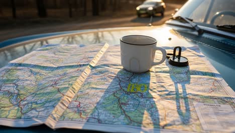 exploring the great outdoors: a serene scene of a map, coffee mug, and compass under the evening sun on a vintage car hood